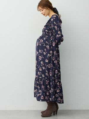 マタニティ ワンピース|【選べる2丈】ウエストシャーリング花柄ティアードワンピース　マタニティ・授乳服【出産後も長く着られる】|ネイビー