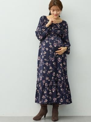 【選べる2丈】ウエストシャーリング花柄ティアードワンピース　マタニティ・授乳服【出産後も長く着られる】10675