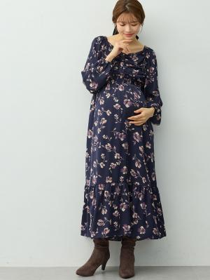マタニティ ワンピース|【選べる2丈】ウエストシャーリング花柄ティアードワンピース　マタニティ・授乳服【出産後も長く着られる】|ネイビー