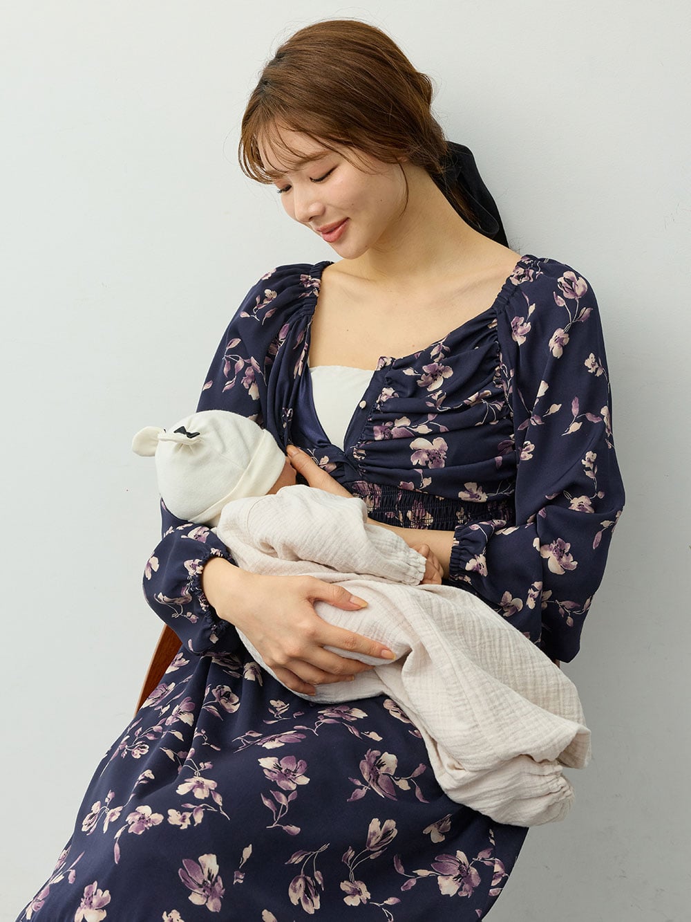 マタニティ ワンピース|【選べる2丈】ウエストシャーリング花柄ティアードワンピース　マタニティ・授乳服【出産後も長く着られる】