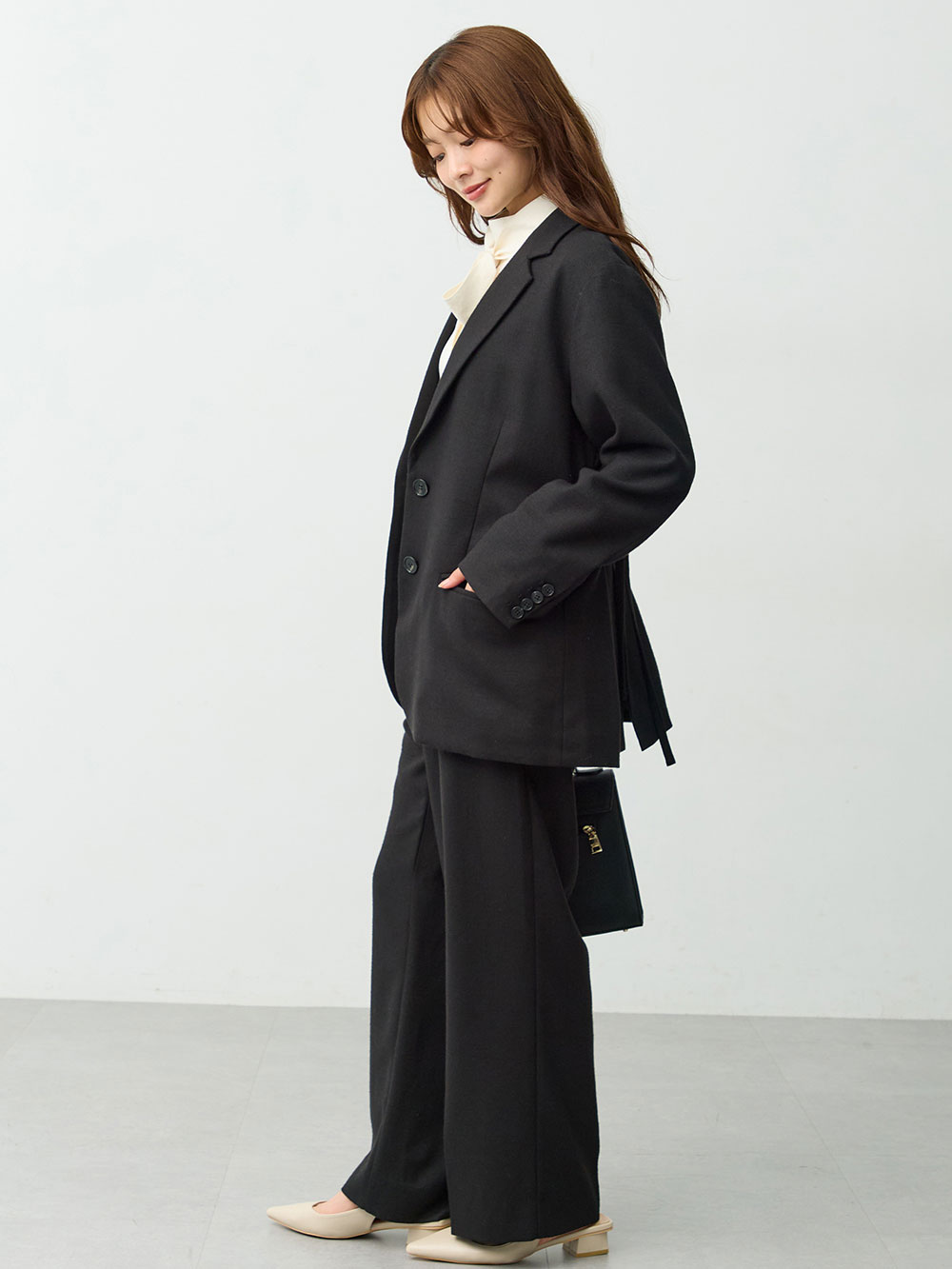 マタニティ パンツ|【セットアップ可】ハイウエストワイドストレートパンツ　マタニティ・産後【出産後も長く着られる】|ツイードブラック