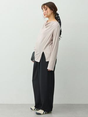 マタニティトップス・授乳服トップス|【セット】アウターに響かない授乳キャミソール付きドレープ長袖トップス　マタニティ・産後授乳服【出産後も長く着られる】|グレージュ