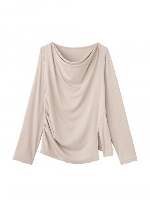 マタニティトップス・授乳服トップス|【セット】アウターに響かない授乳キャミソール付きドレープ長袖トップス　マタニティ・産後授乳服【出産後も長く着られる】|グレージュ