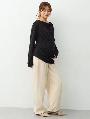マタニティトップス・授乳服トップス|【セット】アウターに響かない授乳キャミソール付きドレープ長袖トップス　マタニティ・産後授乳服【出産後も長く着られる】|ブラック