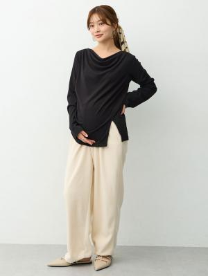 マタニティトップス・授乳服トップス|【セット】アウターに響かない授乳キャミソール付きドレープ長袖トップス　マタニティ・産後授乳服【出産後も長く着られる】|ブラック