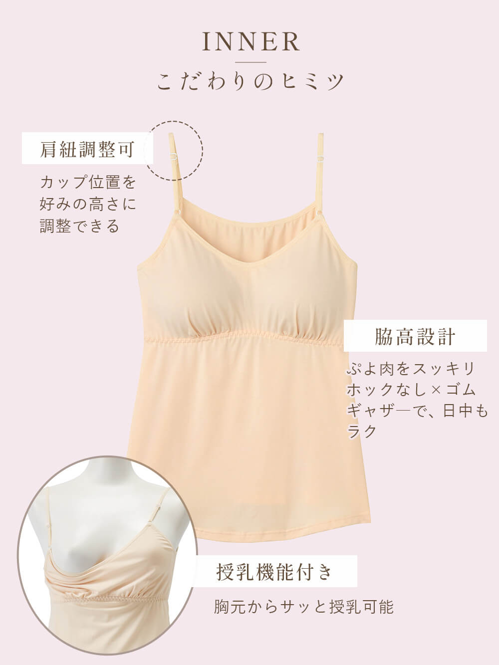 インナー こだわりのヒミツ 肩紐調整可 脇高設計 胸元からサッと授乳できる