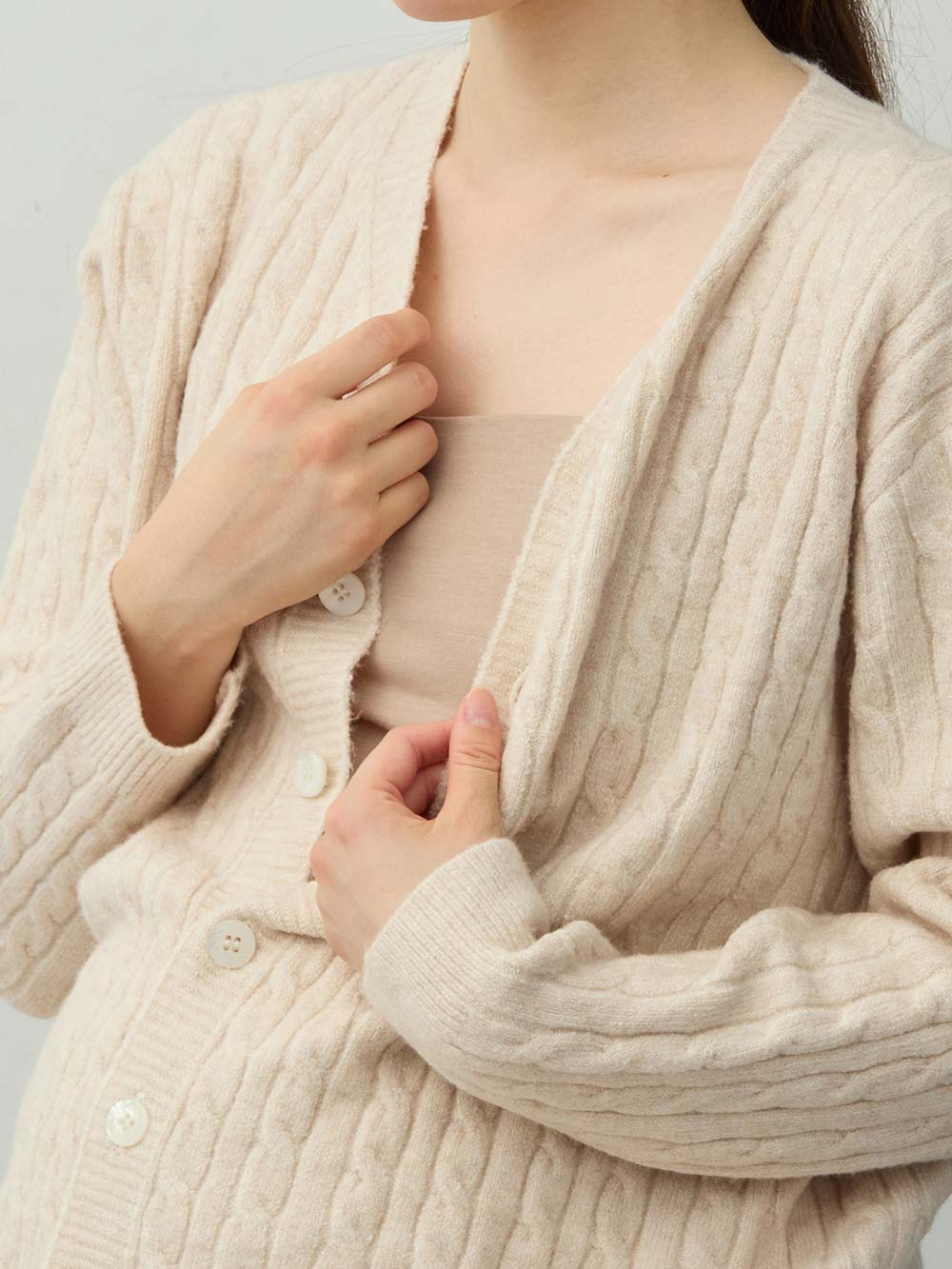 マタニティ・授乳パジャマ・ルームウェア|綿混やわふわケーブルカーディガン　マタニティ・産後授乳服【出産後も長く着られる】