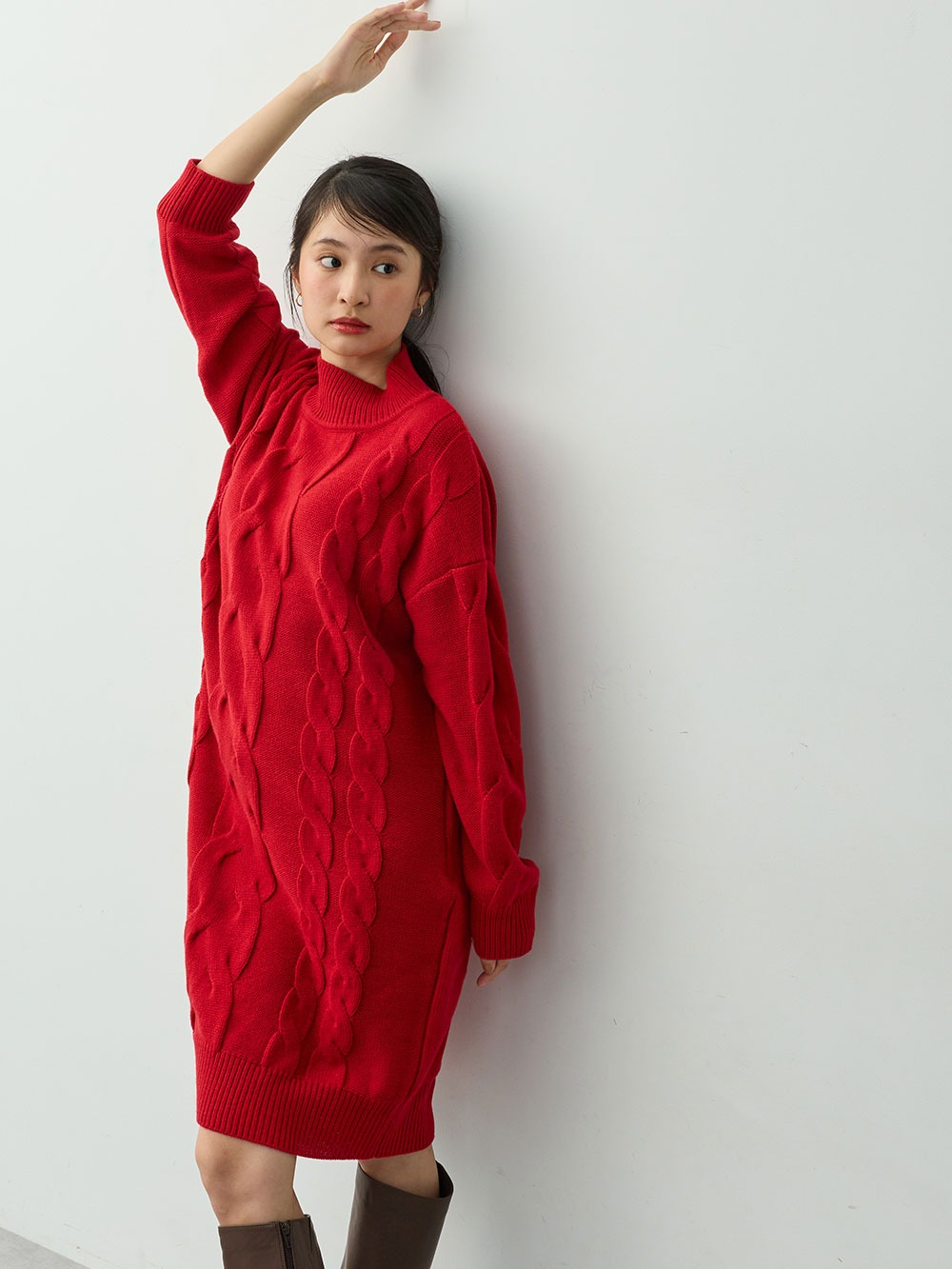マタニティ ワンピース|ケーブルニットミニワンピース　マタニティ・産後授乳服【出産後も長く着られる】|レッド