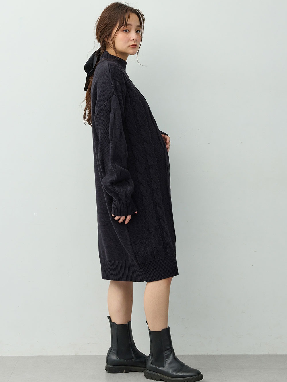 マタニティ ワンピース|ケーブルニットミニワンピース　マタニティ・産後授乳服【出産後も長く着られる】|ダークネイビー