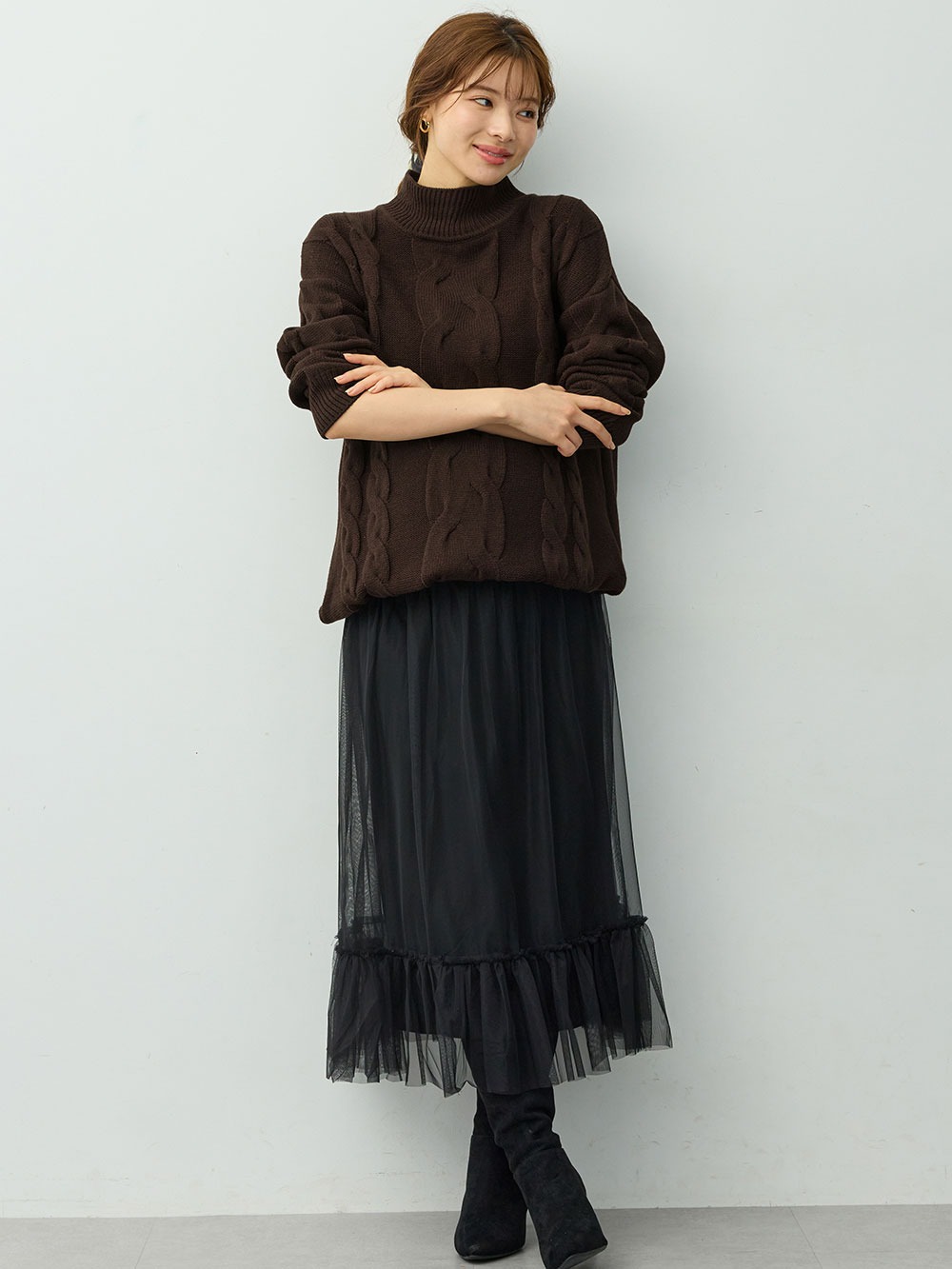 マタニティ ワンピース|ケーブルニットミニワンピース　マタニティ・産後授乳服【出産後も長く着られる】|ブラウン