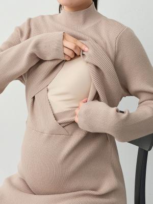 マタニティ ワンピース|【セット】シャギーニットジレ＆リブワンピース　マタニティ・産後【出産後も長く着られる】