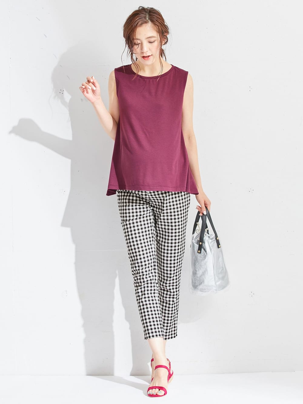 マタニティ パンツ|P・パンツ　接触冷感ストレッチクロップド（八分丈）|ブラック×オフ