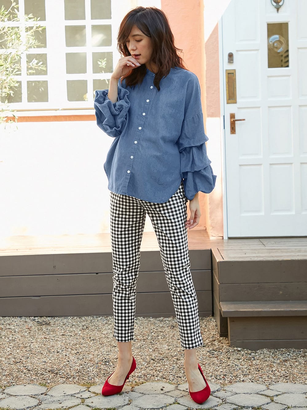 マタニティ パンツ|P・パンツ　接触冷感ストレッチクロップド（八分丈）|ブラック×オフ