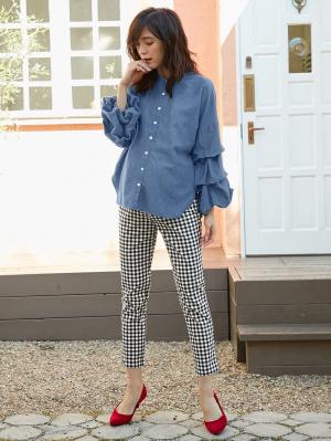 マタニティ パンツ|P・パンツ　接触冷感ストレッチクロップド（八分丈）|ブラック×オフ