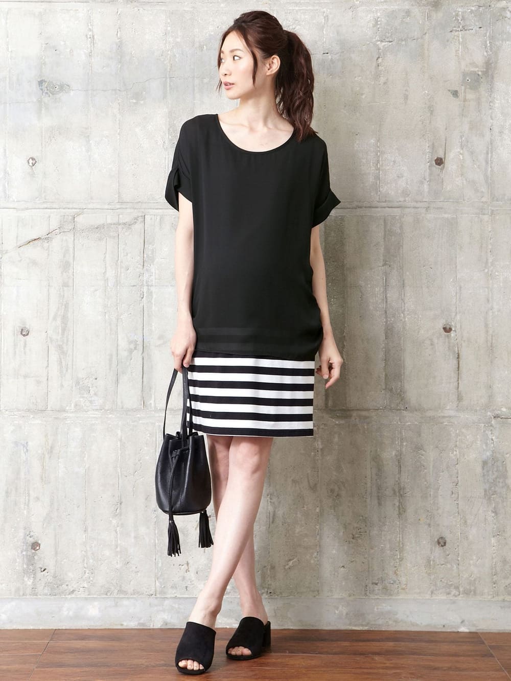 マタニティ ワンピース|【マタニティ・授乳服】シフォン&カットソーレイヤーワンピース【出産後も長く使える】|ブラック×ホワイト