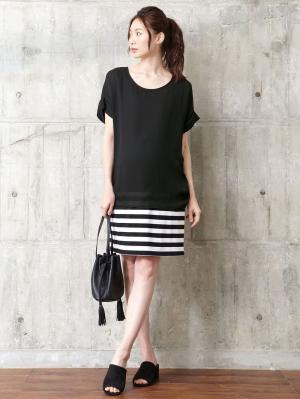 マタニティ ワンピース|【マタニティ・授乳服】シフォン&カットソーレイヤーワンピース【出産後も長く使える】|ブラック×ホワイト