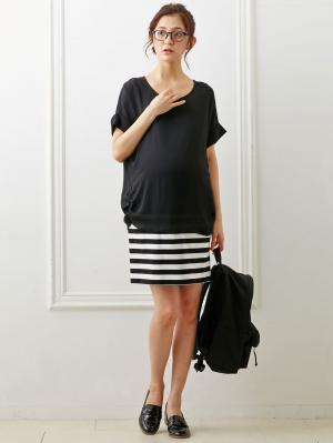 マタニティ ワンピース|【マタニティ・授乳服】シフォン&カットソーレイヤーワンピース【出産後も長く使える】|ブラック×ホワイト