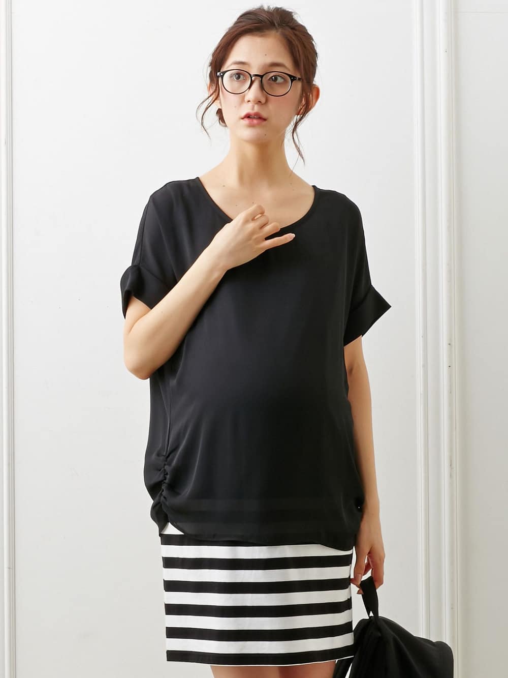 マタニティ ワンピース|【マタニティ・授乳服】シフォン&カットソーレイヤーワンピース【出産後も長く使える】|ブラック×ホワイト