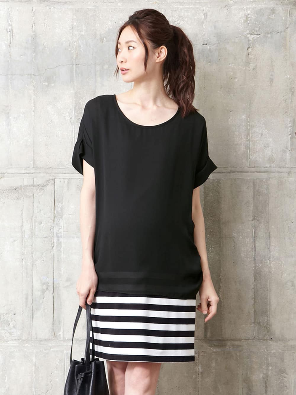 マタニティ ワンピース|【マタニティ・授乳服】シフォン&カットソーレイヤーワンピース【出産後も長く使える】|ブラック×ホワイト