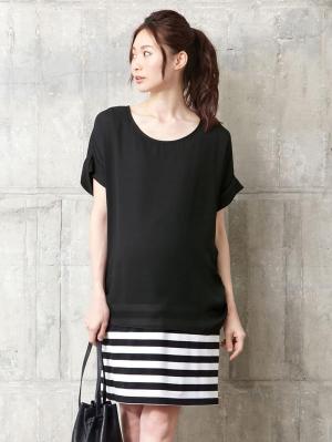 マタニティ ワンピース|【マタニティ・授乳服】シフォン&カットソーレイヤーワンピース【出産後も長く使える】|ブラック×ホワイト