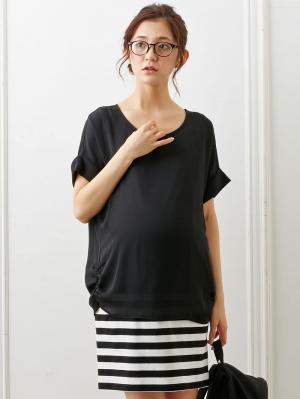 マタニティ ワンピース|【マタニティ・授乳服】シフォン&カットソーレイヤーワンピース【出産後も長く使える】|ブラック×ホワイト