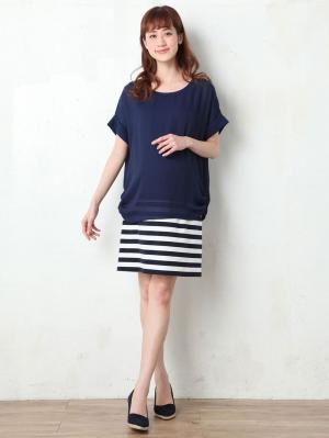 マタニティ ワンピース|【マタニティ・授乳服】シフォン&カットソーレイヤーワンピース【出産後も長く使える】|ネイビー×ホワイト