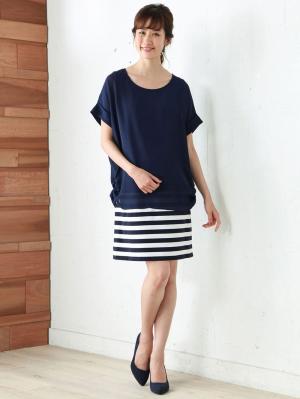 マタニティ ワンピース|【マタニティ・授乳服】シフォン&カットソーレイヤーワンピース【出産後も長く使える】|ネイビー×ホワイト