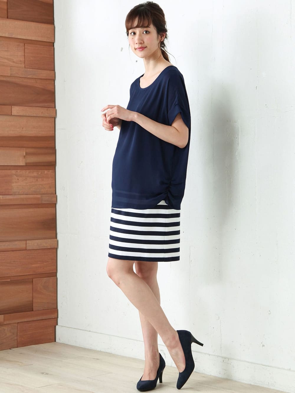 マタニティ ワンピース|【マタニティ・授乳服】シフォン&カットソーレイヤーワンピース【出産後も長く使える】|ネイビー×ホワイト