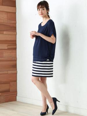 マタニティ ワンピース|【マタニティ・授乳服】シフォン&カットソーレイヤーワンピース【出産後も長く使える】|ネイビー×ホワイト