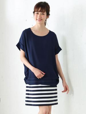 マタニティ ワンピース|【マタニティ・授乳服】シフォン&カットソーレイヤーワンピース【出産後も長く使える】|ネイビー×ホワイト