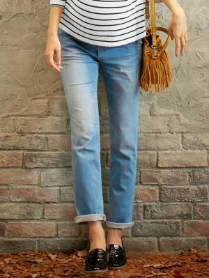 マタニティ パンツ|【マタニティ・授乳服】P・パンツ　ストレッチデニムタイトストレート|ライトブルー