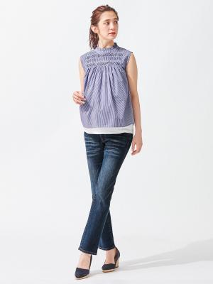 マタニティ パンツ|【マタニティ・授乳服】P・パンツ　ストレッチ デニム　ストレートセミフレア【ブーツカット】マタニティパンツデニム|ユーズドインディゴブルー