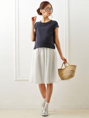 マタニティ ワンピース|【マタニティ・授乳服】レースギャザースカートワンピース【出産後も長く使える】|ネイビー×オフ