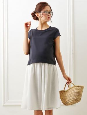 マタニティ ワンピース|【マタニティ・授乳服】レースギャザースカートワンピース【出産後も長く使える】|ネイビー×オフ