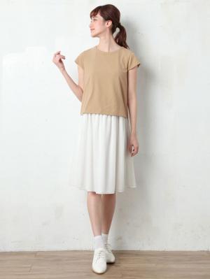 マタニティ ワンピース|【マタニティ・授乳服】レースギャザースカートワンピース【出産後も長く使える】|ベージュ×ホワイト