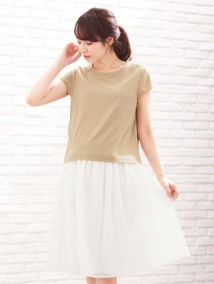 マタニティ ワンピース|【マタニティ・授乳服】レースギャザースカートワンピース【出産後も長く使える】|ベージュ×ホワイト