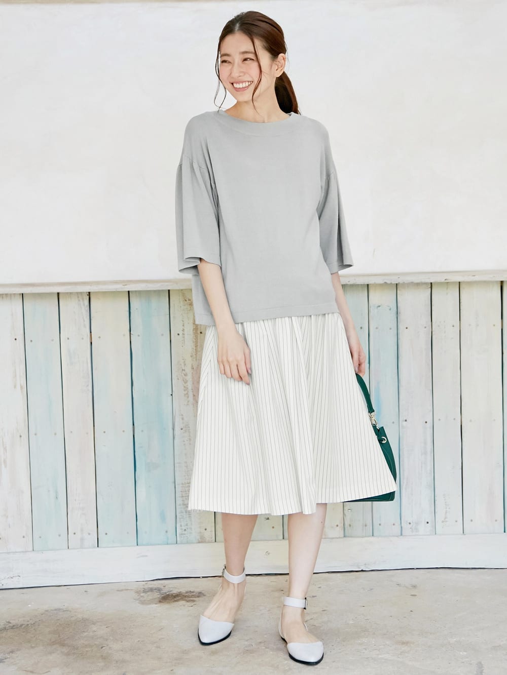 マタニティ スカート|【産前産後対応】フィット ストレッチストライプスカート【出産後も長く使える】
