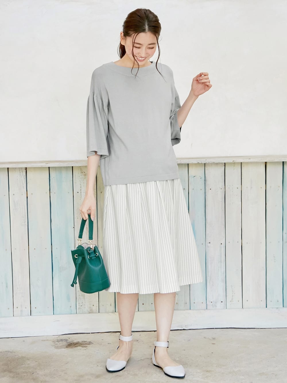 マタニティ スカート|【産前産後対応】フィット ストレッチストライプスカート【出産後も長く使える】