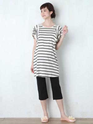 マタニティ パジャマ・ルームウェア|【授乳口付】バタフライスリーブ＆産後も使えるクロップドパンツパジャマ|アイボリー×ブラック