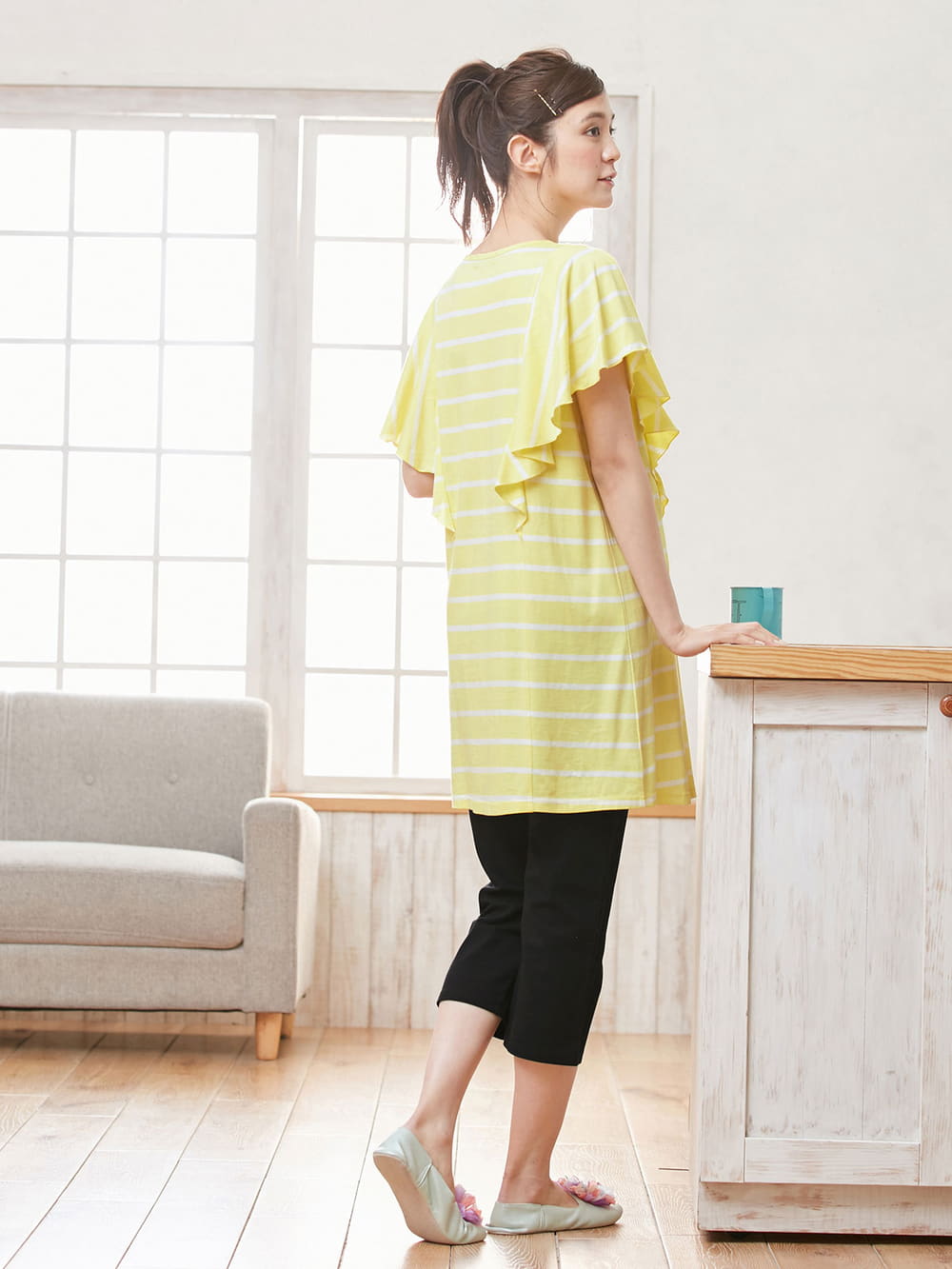 マタニティ パジャマ・ルームウェア|【授乳口付】バタフライスリーブ＆産後も使えるクロップドパンツパジャマ|イエロー×オフ