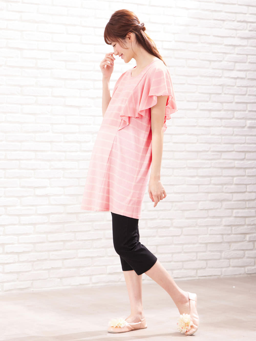 マタニティ パジャマ・ルームウェア|【授乳口付】バタフライスリーブ＆産後も使えるクロップドパンツパジャマ|ピンク×オフホワイト