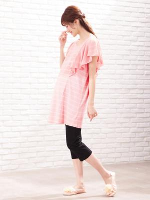 マタニティ パジャマ・ルームウェア|【授乳口付】バタフライスリーブ＆産後も使えるクロップドパンツパジャマ|ピンク×オフホワイト