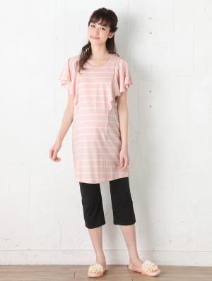 マタニティ パジャマ・ルームウェア|【授乳口付】バタフライスリーブ＆産後も使えるクロップドパンツパジャマ|ピンク×オフホワイト