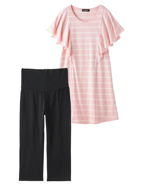 マタニティ パジャマ・ルームウェア|【授乳口付】バタフライスリーブ＆産後も使えるクロップドパンツパジャマ|ピンク×オフホワイト