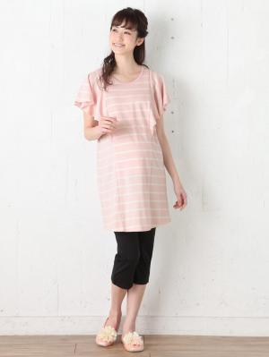 マタニティ パジャマ・ルームウェア|【授乳口付】バタフライスリーブ＆産後も使えるクロップドパンツパジャマ|ピンク×オフホワイト