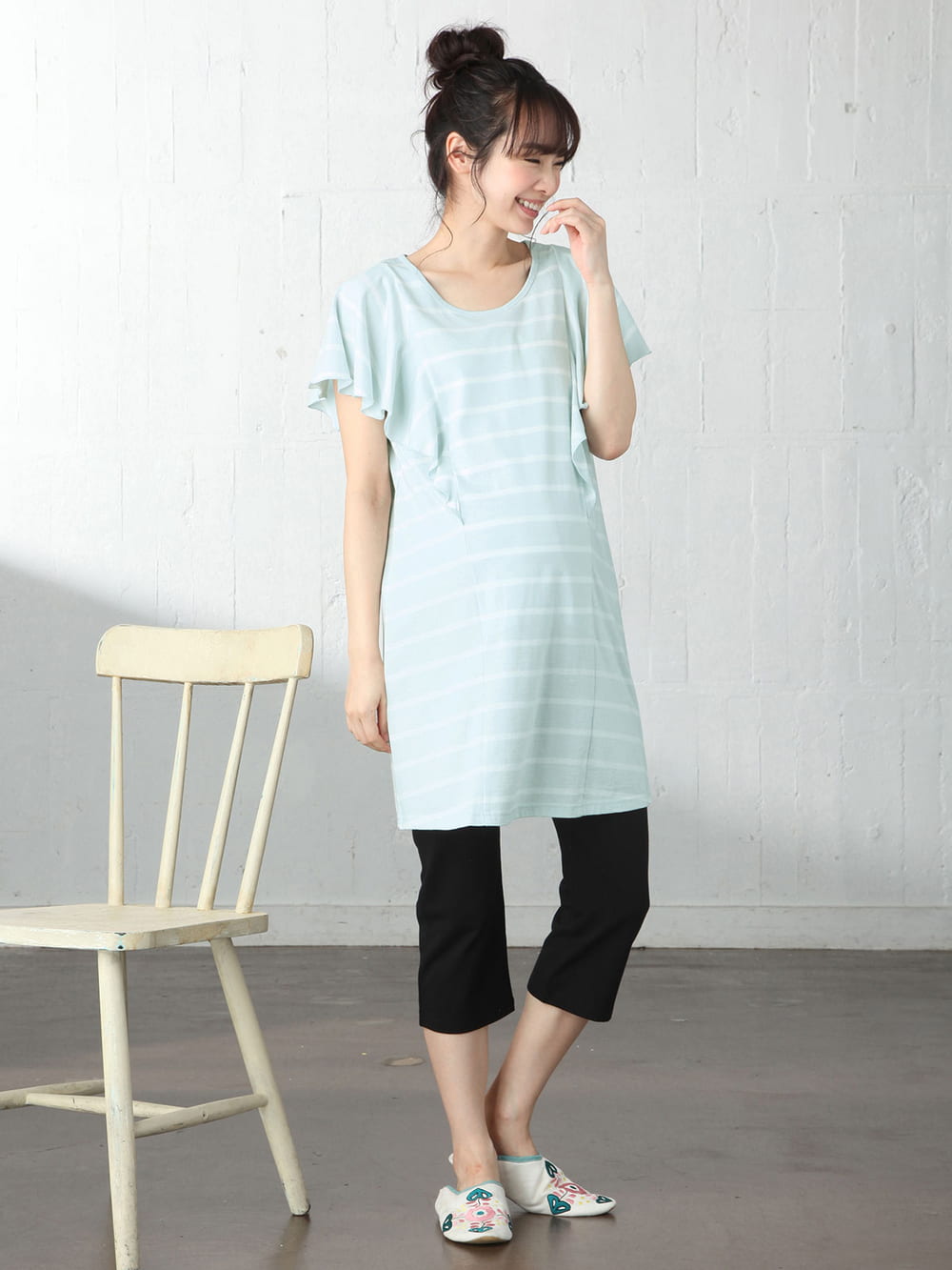 マタニティ パジャマ・ルームウェア|【授乳口付】バタフライスリーブ＆産後も使えるクロップドパンツパジャマ|イエロー×オフ