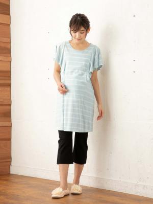 マタニティ パジャマ・ルームウェア|【授乳口付】バタフライスリーブ＆産後も使えるクロップドパンツパジャマ|サックス×オフ