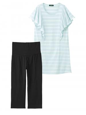 マタニティ パジャマ・ルームウェア|【授乳口付】バタフライスリーブ＆産後も使えるクロップドパンツパジャマ|サックス×オフ