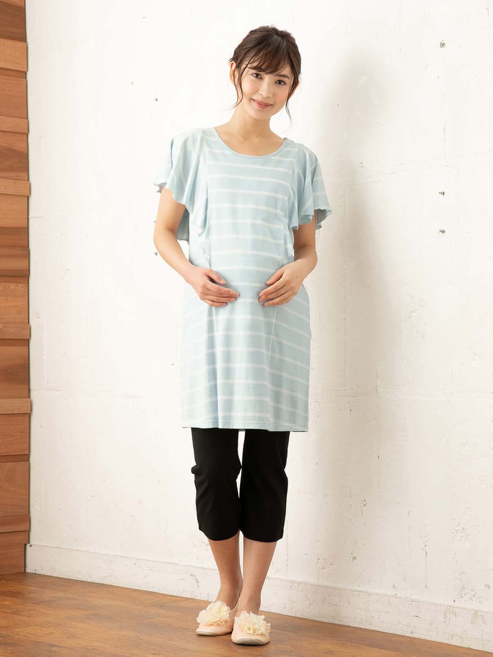 マタニティ パジャマ・ルームウェア|【授乳口付】バタフライスリーブ＆産後も使えるクロップドパンツパジャマ|サックス×オフ