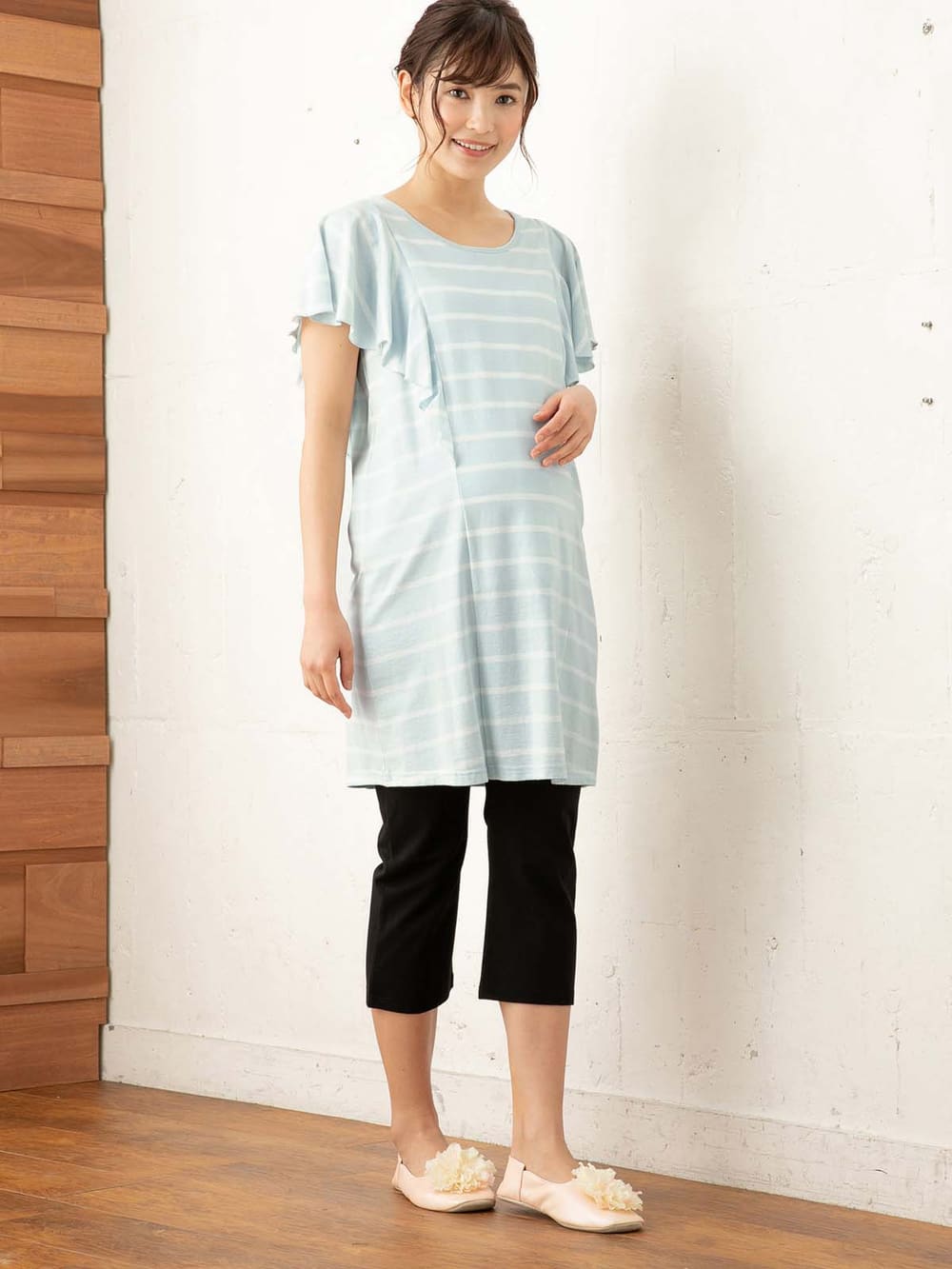 マタニティ パジャマ・ルームウェア|【授乳口付】バタフライスリーブ＆産後も使えるクロップドパンツパジャマ|サックス×オフ